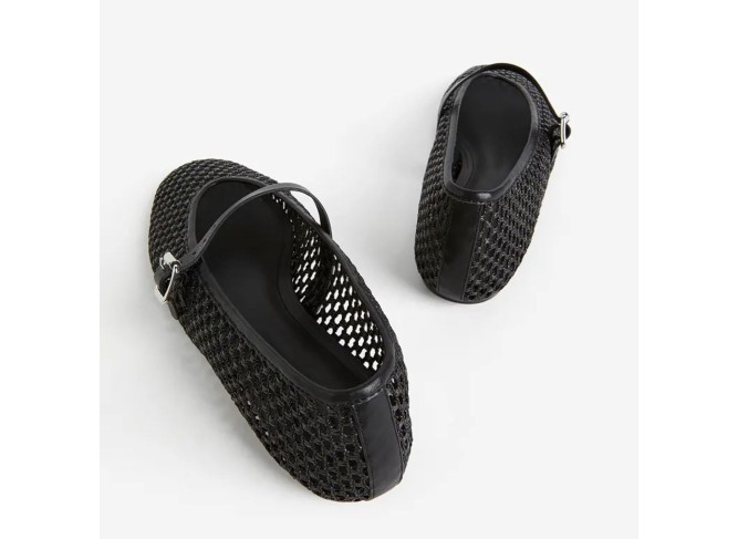 Woven Mesh Ballet Flats for Women Silver Metal Buckle Strap Mary Jane Flats Casual Comfortable Ballerina Dressy Fishnet Shoes