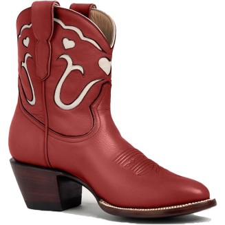 Red Short Cowgirl Cowboy Boots for Women Heart Inlay Western Booties Pull On Pointed Toe Chunky Heel Ankle Boots